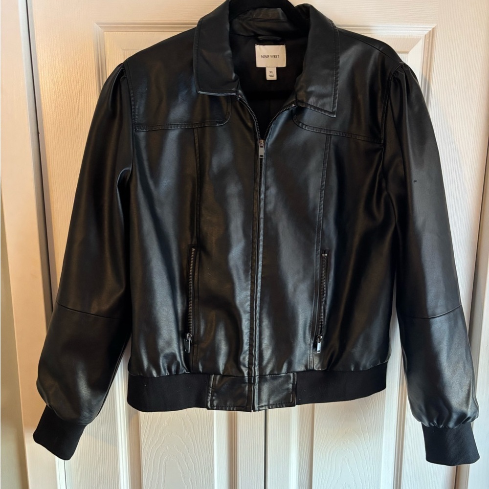 Nine West Black Leather Bomber Jacket